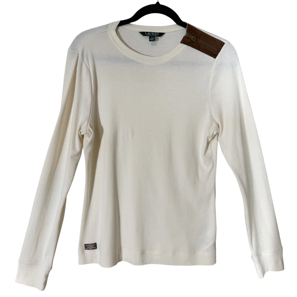 Lauren Ralph Lauren Vintage Ivory Long‎ Sleeve Suede Patch Shirt Size Large